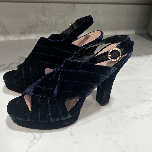 New Diane Von Furstenburg Tabby Velvet Platform Slingback Sandals Navy Sz 8.5 - Picture 2 of 9